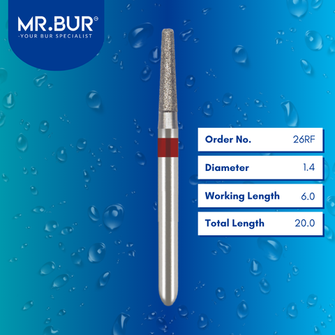 Mr. Bur Taper Rounded Edge Fine Diamond Bur FG, 26RF, designed for refined chamfer margin finishing, smooth axial wall contouring, and precise crown preparation in restorative dentistry.