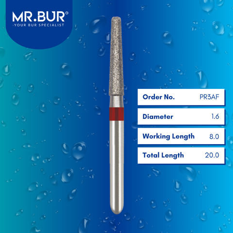 Mr. Bur Taper Rounded Edge Fine Diamond Bur FG, PR3AF, designed for refined chamfer margin finishing, smooth axial wall contouring, and precise crown preparation in restorative dentistry.