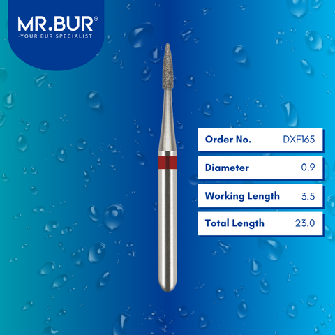 Mr. Bur DXF165 Fine Grit Pre-Polishing Flame Needle Diamond Bur FG are tools used in multiple dental procedures. Their flame-shaped heads are ideal for effective cavity preparation, veneer preparation, chamfer margin bur, and crown and bridge preparation.