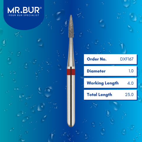 Mr. Bur DXF167 Fine Grit Pre-Polishing Flame Needle Diamond Bur FG are tools used in multiple dental procedures. Their flame-shaped heads are ideal for effective cavity preparation, veneer preparation, chamfer margin bur, and crown and bridge preparation.