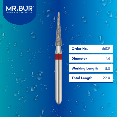 Mr. Bur 66DF Fine Grit Pre-Polishing Pointed Cone Diamond Bur FG are tools used in multiple dental procedures. Their pointed cone heads are ideal for effective prophylaxis, interproximal work, crown preparation, model fabrication, model casting technique, crown and bridge technique, and veneer and ceramic technique.