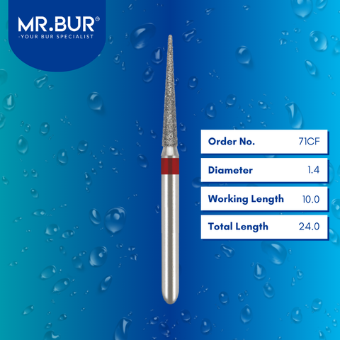 Mr. Bur 71CF Fine Grit Pre-Polishing Pointed Cone Diamond Bur FG are tools used in multiple dental procedures. Their pointed cone heads are ideal for effective prophylaxis, interproximal work, crown preparation, model fabrication, model casting technique, crown and bridge technique, and veneer and ceramic technique.