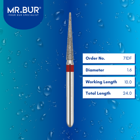 Mr. Bur 71DF Fine Grit Pre-Polishing Pointed Cone Diamond Bur FG are tools used in multiple dental procedures. Their pointed cone heads are ideal for effective prophylaxis, interproximal work, crown preparation, model fabrication, model casting technique, crown and bridge technique, and veneer and ceramic technique.