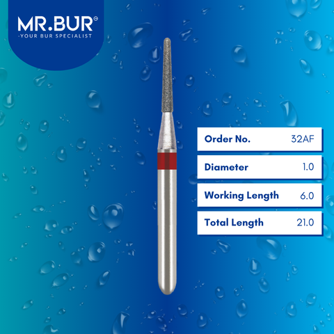 Mr. Bur 852 fine grit pre-polishing tapered round end diamond bur 32AF are tools used in multiple dental procedures. ISO 806 314 199 514 010 FG, Their tapered round end heads are ideal for for effective crown and bridge preparation, chamfer margin preparation, and trimming and preparation for all composite materials.