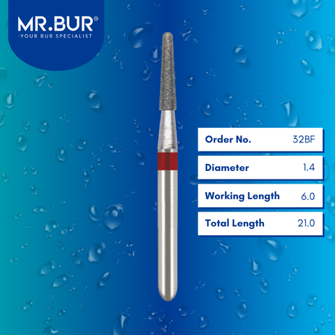 Mr. Bur 852 fine grit pre-polishing tapered round end diamond bur 32BF are tools used in multiple dental procedures. ISO 806 314 199 514 014 FG, Their tapered round end heads are ideal for for effective crown and bridge preparation, chamfer margin preparation, and trimming and preparation for all composite materials.