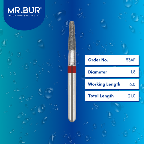 Mr. Bur 852 fine grit pre-polishing tapered round end diamond bur 33AF are tools used in multiple dental procedures. ISO 806 314 199 514 018 FG, Their tapered round end heads are ideal for for effective crown and bridge preparation, chamfer margin preparation, and trimming and preparation for all composite materials.
