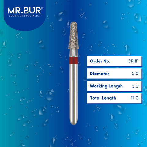 Mr. Bur Taper Rounded Edge Fine Diamond Bur FG, CR11F designed for refined chamfer margin finishing, smooth axial wall contouring, and precise crown preparation in restorative dentistry.