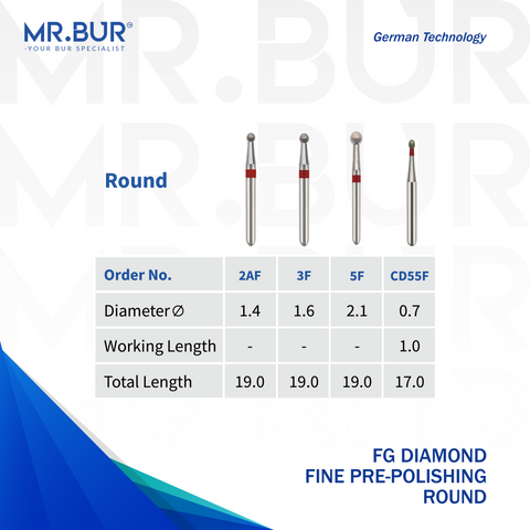 These are 4 variants of the Fine Grit Pre-Polishing Round FG Diamond Bur sold by Mr Bur the best international dental diamond bur supplier the dental bur head sizes shown are 1.4mm, 1.6MM, 2.1mm, 0.7mm.
