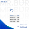 Mr. Bur Fine Grit Pre-Polishing Pointed Cone Diamond Bur FG Smile Design, R8F, used for precise margin refinement, embrasure contouring, and smooth pre-polishing of veneers and anterior restorations.