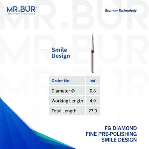 Mr. Bur Fine Grit Pre-Polishing Pointed Cone Diamond Bur FG Smile Design, R8F, used for precise margin refinement, embrasure contouring, and smooth pre-polishing of veneers and anterior restorations.