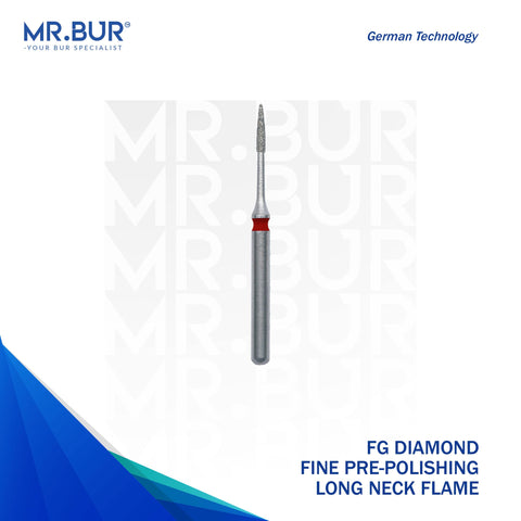 This is the Fine Grit Pre-Polishing Long Neck Flame FG Diamond Bur sold by Mr Bur the best international supplier of dental bur