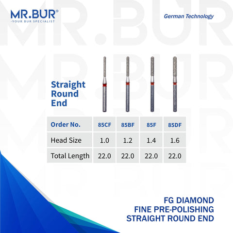 These are four of the Fine Grit Pre-Polishing Straight Round End FG Diamond Bur sold by Mr Bur the best international supplier of dental diamond bur the dental bur head sizes shown here are 1.0mm 1.2mm 1.4mm 1.6mm