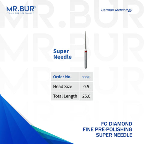 This is a variant of the Fine Grit Pre-Polishing Super Needle FG Diamond Bur sold by Mr Bur the best international supplier of diamond burs the head size shown here is 0.5mm