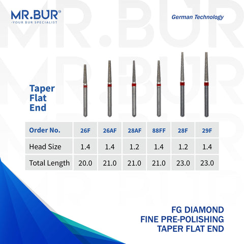 These are six variants of the Fine Grit Pre-Polishing Taper Flat End FG Diamond Bur sold by Mr Bur the best international supplier of diamond dental burs the dental bur head sizes shown here are 1.2mm and 1.4mm