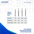 These are 4 variants of the Fine Grit Pre-Polishing Taper Round End FG Diamond Bur sold by Mr Bur the best supplier of dental diamond burs the dental bur head sizes shown here are 1.0mm 1.2mm 1.4mm and 1.6mm