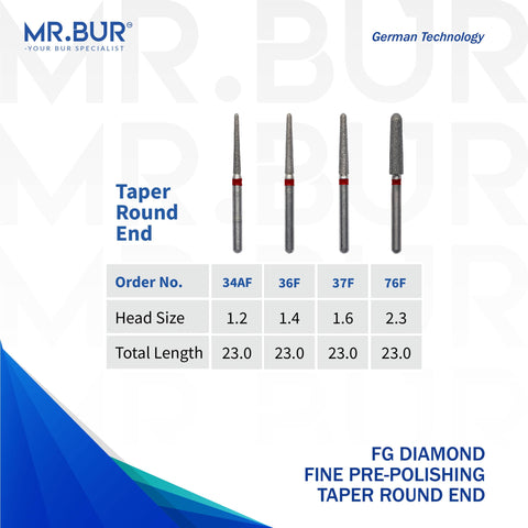 Four variants of the Fine Grit Pre-Polishing Taper Round End FG Diamond Bur sold by Mr Bur the best supplier of dental diamond burs the dental bur head sizes shown here are 1.2mm 1.4mm and 1.6mm 2.3mm