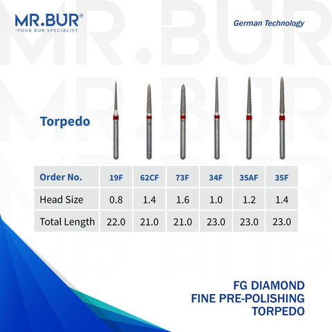 These are six variants of the Fine Grit Pre-Polishing Torpedo FG Diamond Bur sold by Mr Bur the best diamond bur supplier the dental bur head size shown here are 0.8mm 1.0mm 1.2mm 1.4mm 1.6mm