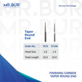 This picture show Mr. Bur CF198 & 7675 Taper Round End Finishing Carbide Dental Bur that is Ideal for chamfer margin finishing, debonding,and superior finish, making these burs essential for achieving precise and polished results in dental procedures.