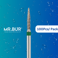 Enhance dental care with Mr. Bur 100 pcs Flame Coarse Diamond Bur FG for cavity prep, crown & bridge prep, tangential prep, trimming, occlusal incisor reduction, chamfer margin, prosthodontic, and restorative work.