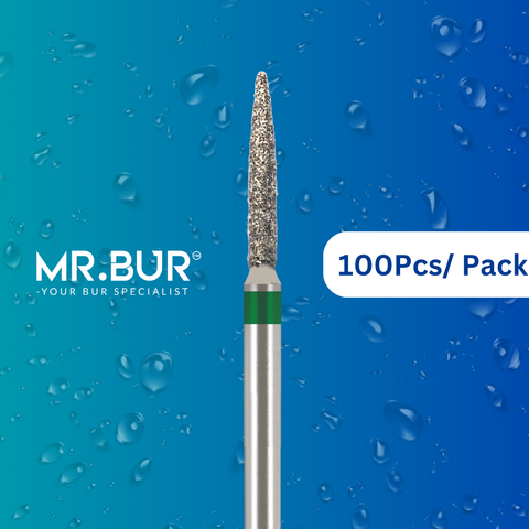 Enhance dental care with Mr. Bur 100 pcs Flame Coarse Diamond Bur FG for cavity prep, crown & bridge prep, tangential prep, trimming, occlusal incisor reduction, chamfer margin, prosthodontic, and restorative work.
