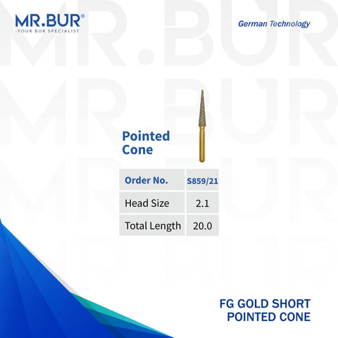 This is a variant of the #1 Best Gold Pointed Cone Diamond Bur Short FG. Mr Bur offers the best online dental burs and is a Better Choice than Meisinger, Mani, Shofu, Eagle Dental, Trihawk, Suitable for Dental Cases. The dental bur head sizes shown here is 2.1mm