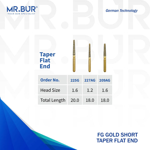 3 vaiants of the #1 Best Gold Taper Flat End Diamond Bur Short FG. Mr Bur offers the best online dental burs and is a Better Choice than Meisinger, Mani, Shofu, Eagle Dental, Trihawk, Suitable for Dental Cases. The dental bur head sizes shown here are  1.2mm, and 1.6mm