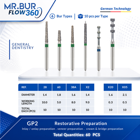Bundle of dental burs with specifications used for restorative prearation.