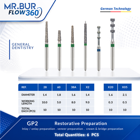 Bundle of dental burs with specifications used for restorative prearation.