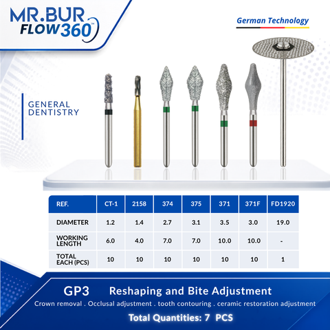 Bundle of dental burs with specifications used for reshaping & bite adjustment.