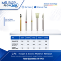 Bundle of dental burs with specifications used for margin & excess material removal.