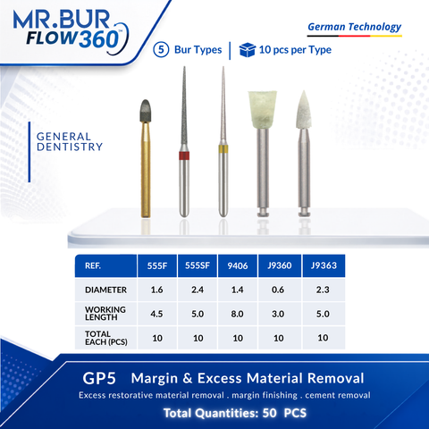 Bundle of dental burs with specifications used for margin & excess material removal.