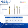 Bundle of dental burs with specifications used for margin & excess material removal.