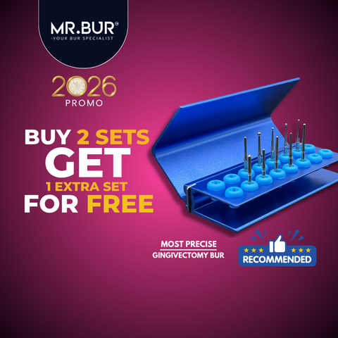 Mr. Bur Gingivectomy Bur Kit, with 10 stainless steel burs, is ideal for fine-tuning soft tissue, subgingival caries treatment, and using heat to cauterize gums and control bleeding during gingivectomy.