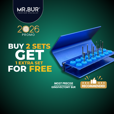 Mr. Bur Gingivectomy Bur Kit, with 10 stainless steel burs, is ideal for fine-tuning soft tissue, subgingival caries treatment, and using heat to cauterize gums and control bleeding during gingivectomy.