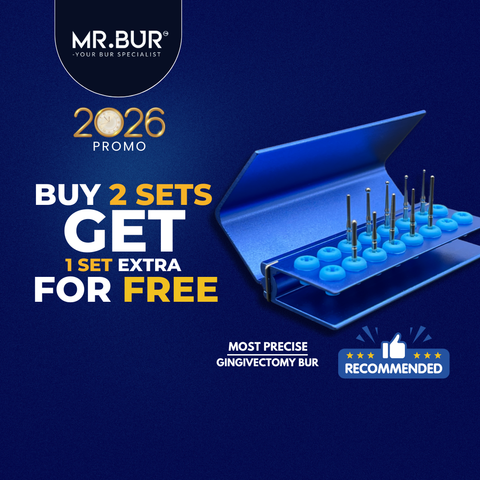 Mr. Bur Gingivectomy Bur Kit, with 10 stainless steel burs, is ideal for fine-tuning soft tissue, subgingival caries treatment, and using heat to cauterize gums and control bleeding during gingivectomy.