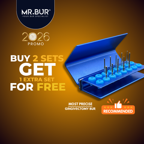 Mr. Bur Gingivectomy Bur Kit, with 10 stainless steel burs, is ideal for fine-tuning soft tissue, subgingival caries treatment, and using heat to cauterize gums and control bleeding during gingivectomy.