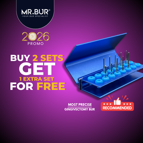 Mr. Bur Gingivectomy Bur Kit, with 10 stainless steel burs, is ideal for fine-tuning soft tissue, subgingival caries treatment, and using heat to cauterize gums and control bleeding during gingivectomy.