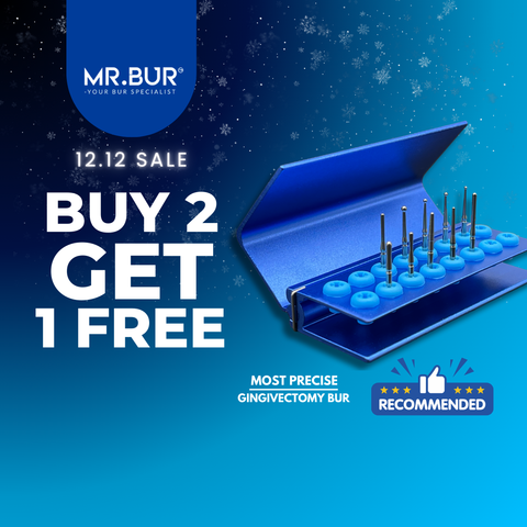 Mr. Bur Gingivectomy Bur Kit, with 10 stainless steel burs, is ideal for fine-tuning soft tissue, subgingival caries treatment, and using heat to cauterize gums and control bleeding during gingivectomy.