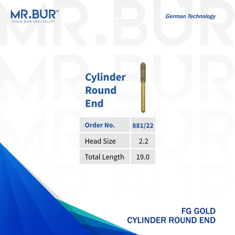 This is a variant of the #1 Best Gold Cylinder Round End Diamond Bur FG. Mr Bur offers the best online dental burs and is a Better Choice than Meisinger, Mani, Shofu, Eagle Dental, Trihawk, Suitable for Dental Cases. The dental bur head sizes shown here is 2.2mm