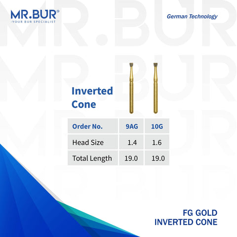 2 variants of the Best Gold Inverted Cone Diamond Bur FG. Mr Bur offers the best online dental burs and is a Better Choice than Meisinger, Mani, Shofu, Eagle Dental, Trihawk, Suitable for Dental Cases. The dental bur head sizes shown here are 1.4mm, and 1.6mm