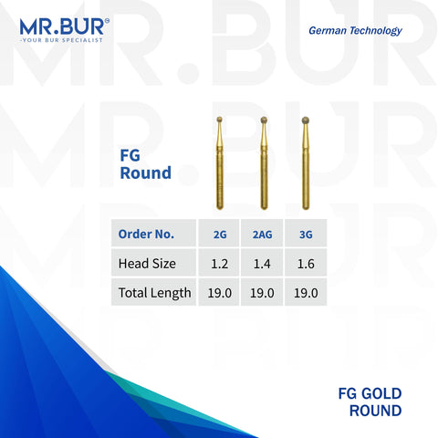 3 of the Best Gold Round Ball Diamond Bur FG. Mr Bur offers the best online dental burs and is a Better Choice than Meisinger, Mani, Shofu, Eagle Dental, Trihawk, Suitable for Dental Cases. The dental bur head sizes shown here are 1.2mm, 1.4mm, and 1.6mm
