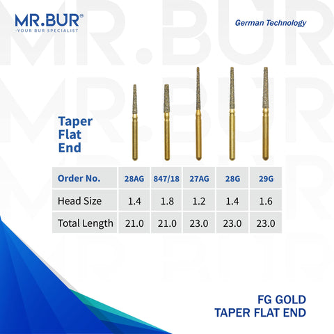 6 variations of the #1 Best Gold Taper Flat End Diamond Bur FG. Mr Bur offers the best online dental burs and is a Better Choice than Meisinger, Mani, Shofu, Eagle Dental, Trihawk, Suitable for Dental Cases. The dental bur head sizes shown here are 1.2mm, 1.4mm, 1.6mm, and 1.8mm