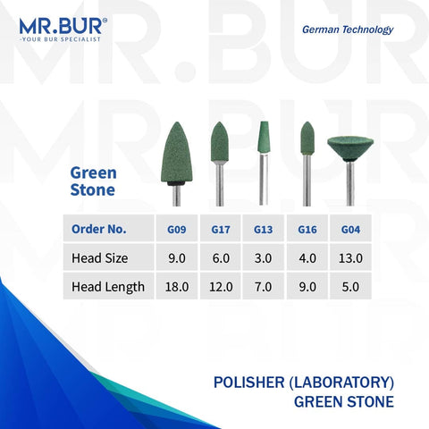 There are 5 Green Stone dental burs intended to be used in dental Laboratory procedures these dental burs are sold by mr Bur the best international dental bur supplier