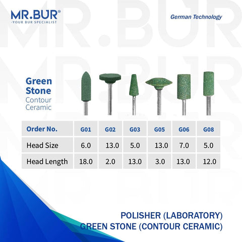 There are 6 Green Stone (Contour Ceramic) dental burs sold by mr Bur the best international dental bur supplier