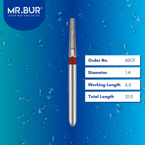 Mr. Bur Fine Grit Pre-Polishing Inlay Onlay Diamond Bur FG 60CF, 1.4mm, designed for precise contouring, smooth surface finishing, and efficient pre-polishing in inlay and onlay restorations.