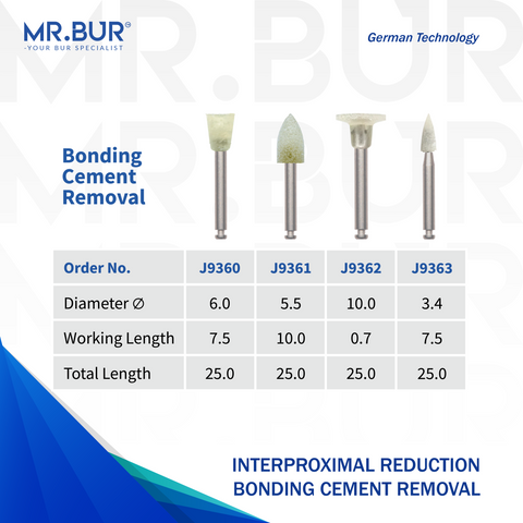 Mr. Bur Bracket Adhesive Removal Bur RA, J9260, J9361, J9363 send J93223 used for safe removal of orthodontic adhesive and enamel cleanup after bracket debonding procedures.