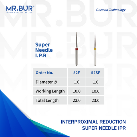 Mr. Bur Super Fine Finishing Super Needle IPR Diamond Bur FG, 52F and 52SF, used for precise interproximal reduction in clear aligner treatment and anterior aesthetic alignment cases.