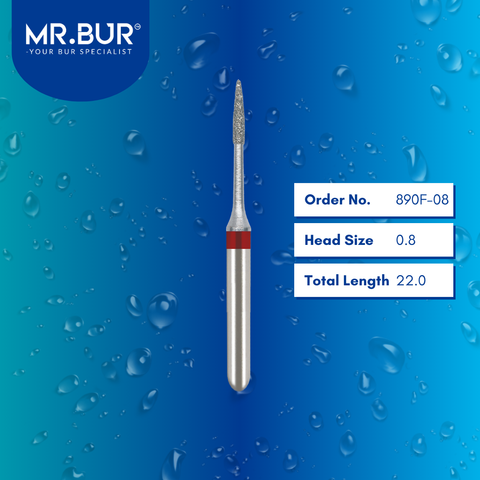 Mr. Bur 890F-08 Fine Grit Pre-Polishing Long Neck Flame Diamond Bur FG are tools used in multiple dental procedures. Their long neck flame-shaped heads are ideal for effective periodontal and gum treatment.