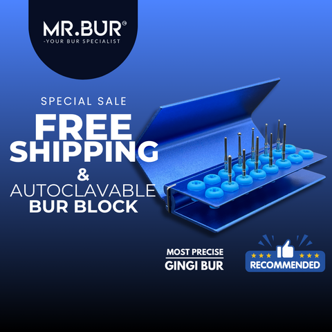 Mr. Bur Gingivectomy Bur Kit, with 10 stainless steel burs, is ideal for fine-tuning soft tissue, subgingival caries treatment, and using heat to cauterize gums and control bleeding during gingivectomy.