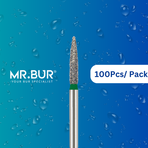 Enhance dental care with Mr. Bur 100 pcs Mini Flame Coarse Diamond Bur FG for cavity prep, crown & bridge prep, tangential prep, trimming, occlusal incisor reduction, chamfer margin, prosthodontic, restorative work, and pediatric use.